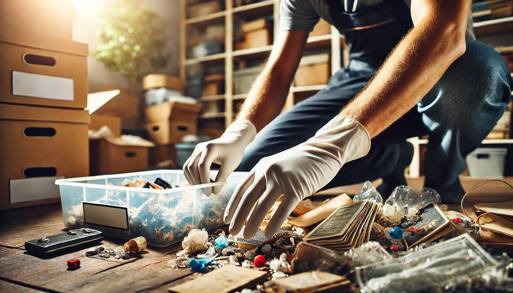 DALL·E 2024-08-09 16.40.03 - A close-up image of a Hoarding Cleanup and Remediation professional's hands during the cleaning process. The hands are wearing protective gloves and a