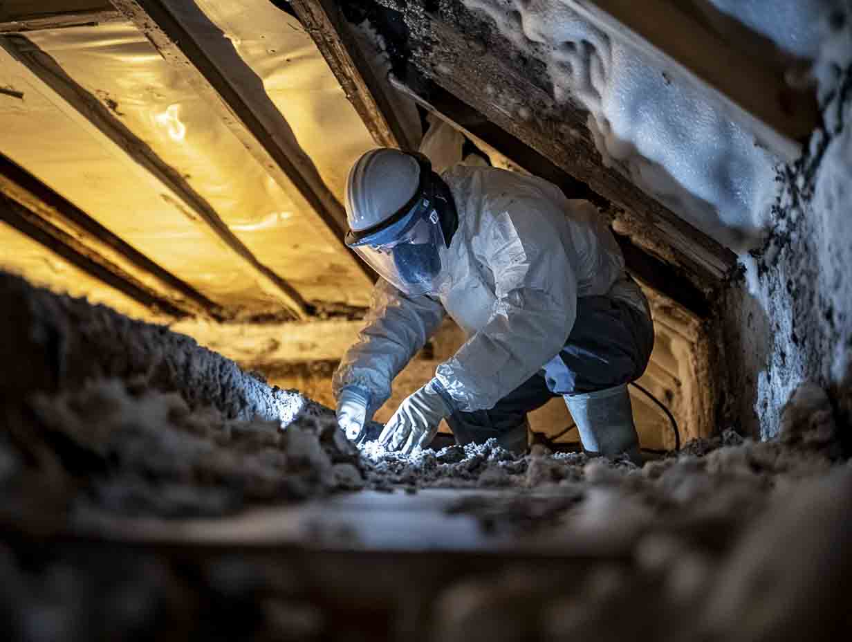 a technician performing attic mold remediation. the image must look like it is photographed at 25mm at f1.8 with a sony a7IV --ar 4:3 --v 6.1 Job ID: 3e3a9b7d-0ad9-44b1-8c5a-f57cdb6e87f5
