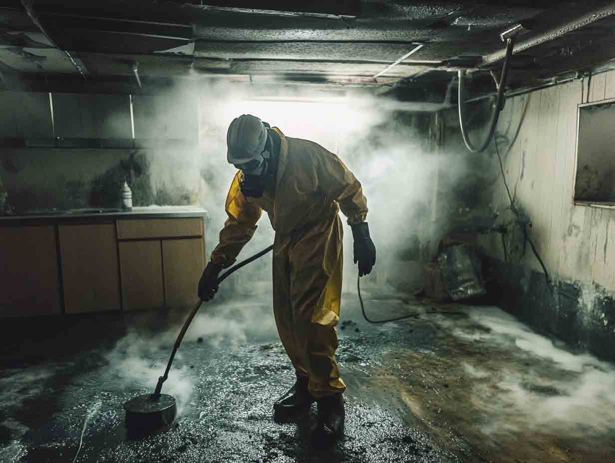 basement mold cleanup a technician performing basement mold cleanup. the image must look like it is hot at 24mm f.14 using a sony a7IV --ar 4:3 --v 6.1 Job ID: 3fe295cb-68cc-4eff-9c5f-42ddd99ae30d