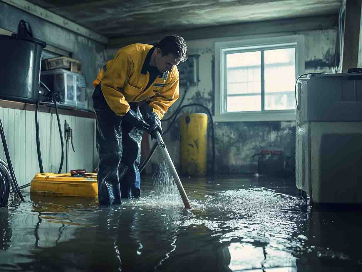 a technician extracting water from a flooded basement. the image MUST look like it was photographed at 24mm using a f1.4 lens. --ar 4:3 --style raw --v 6.1 Job ID: daeda0f4-389d-4f15-958f-9a453587d49b