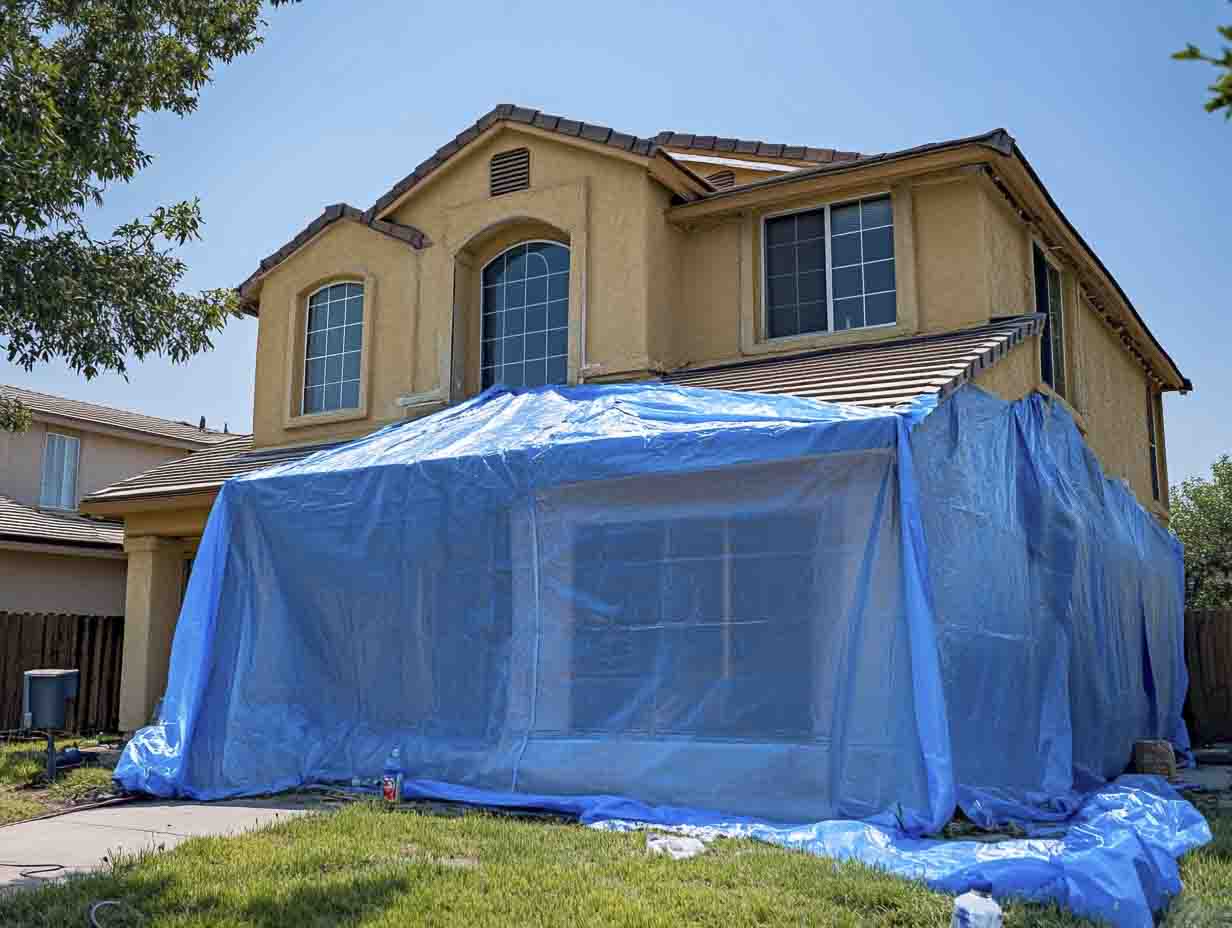 board-up and tarping services a nice house tarped up in preparation for fumigation. the image MUST look like it was photographed at 24mm. --ar 4:3 --style raw --v 6.1 Job ID: b33570e0-f60e-48b9-9b8b-2d1bd4cdcc4e