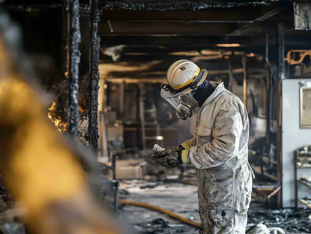 a commercial fire damage repair specialist performing his duties. the image MUST look like it was photographed at 24mm using a f1.8 lens. --ar 4:3 --style raw --v 6.1 Job ID: e05af6da-57f5-41f6-ada3-e889c73cff3e