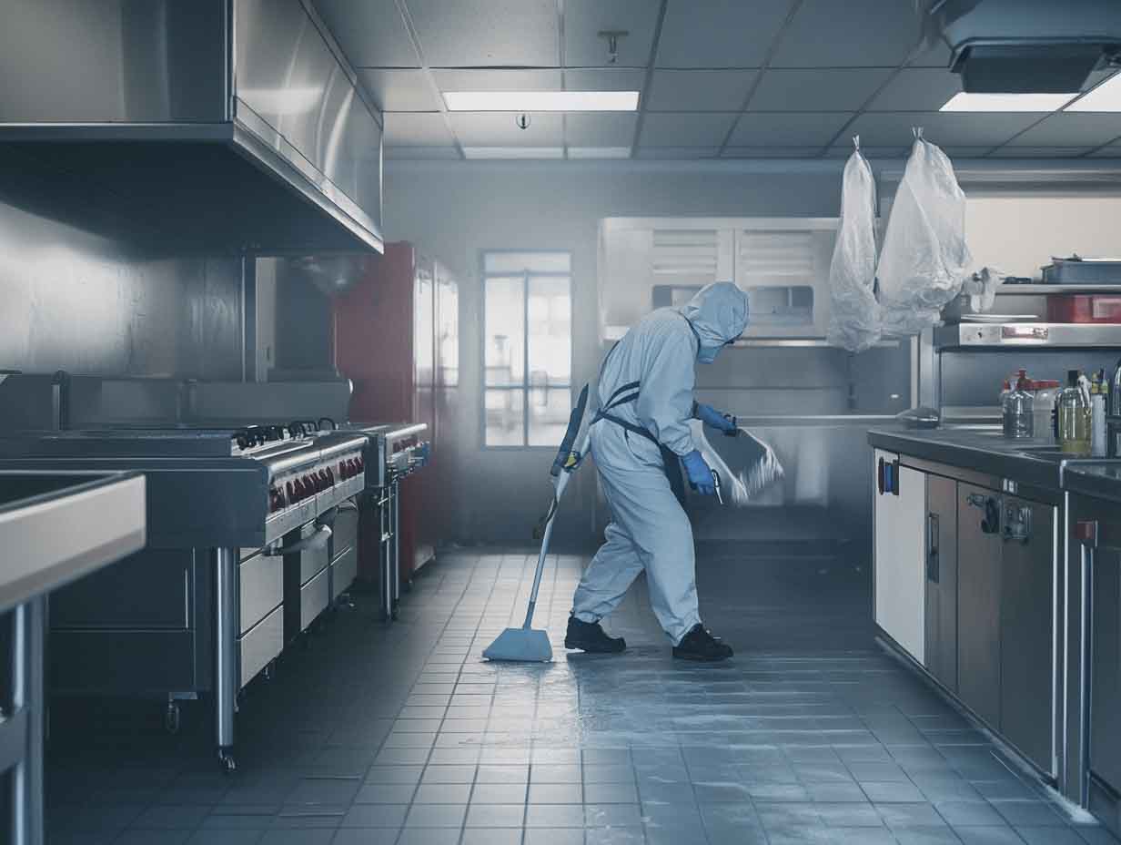 a commercial sanitization services technician working in a commercial space. 4k, realistic, image MUST look like it was photographed at 50mm using an f.14 lens. --ar 4:3 --stylize 0 --v 6.1 Job ID: fc1f0f4d-275e-4a34-bf96-c2e7e546275e
