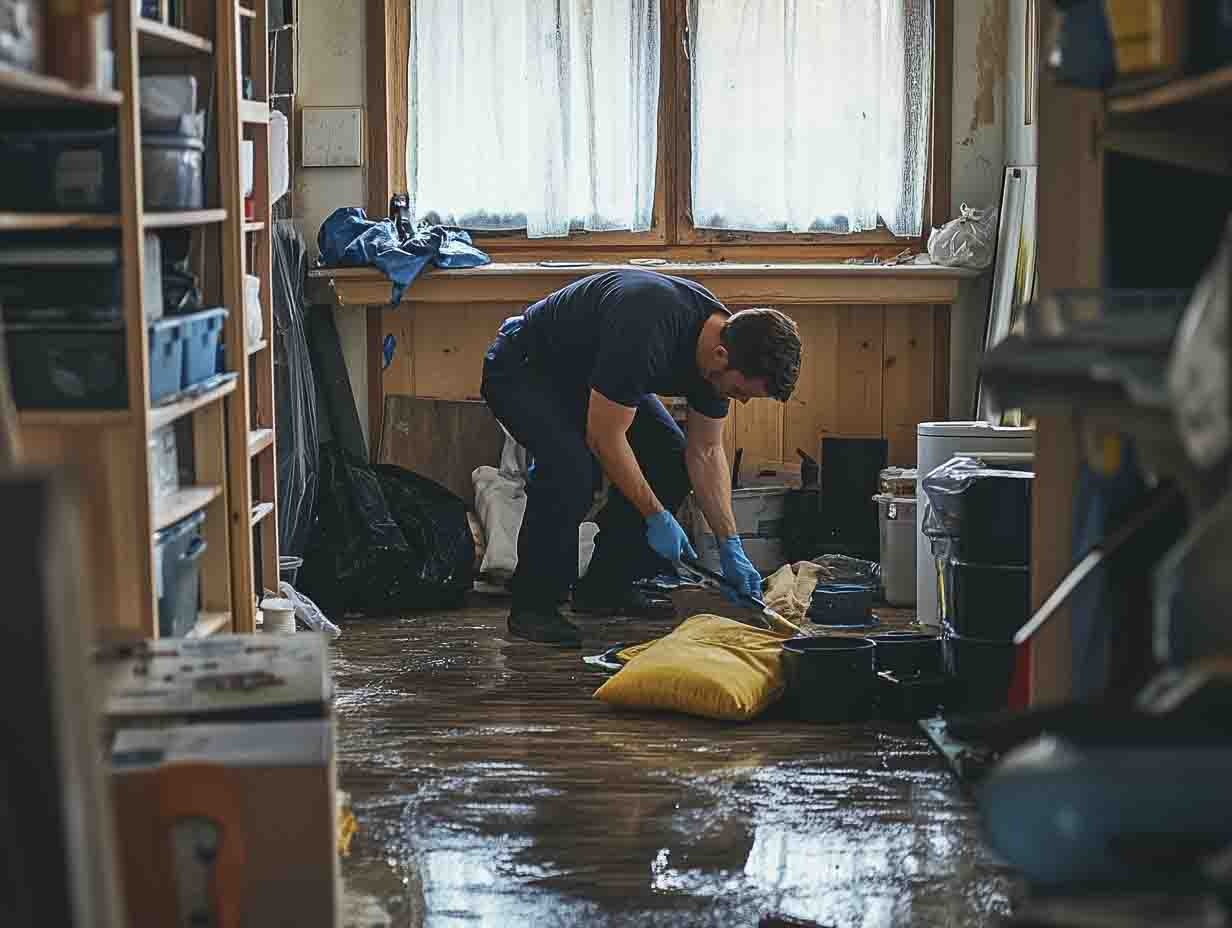 a technician cleaning and restoring personal belongings in a home. the image MUST look like it was photographed at 24mm using a f1.4 lens. --ar 4:3 --style raw --v 6.1 Job ID: 347e259b-3d71-4a94-b93c-63f5dc13770a
