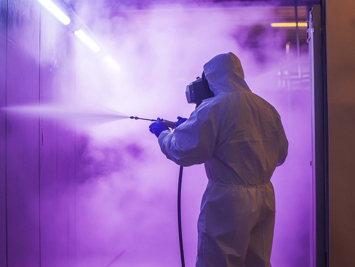 a technician performing electrostatic spraying on a surface. the image MUST look like it was photographed at 50mm using a f1.4 lens. --ar 4:3 --style raw --v 6.1 Job ID: c70d47a0-a598-44f2-9e1c-66083bb0585f