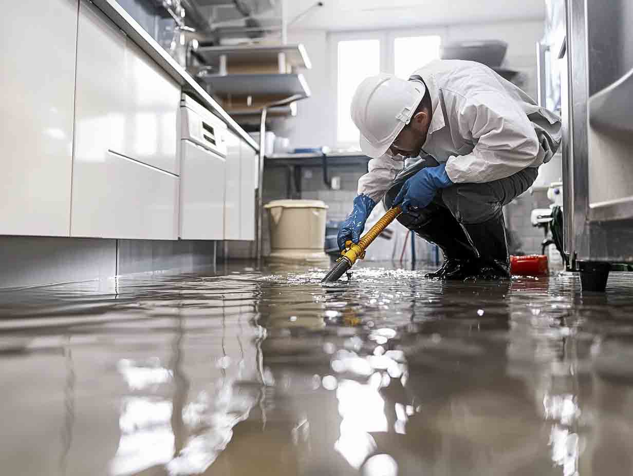 a technician performing emergency water extraction in a kitchen. the image must look like it is photographed at 24mm using a f1.4 lens. --ar 4:3 --style raw --v 6.1 Job ID: 4e88c2f7-ab8c-4409-8005-b44e701e2e53