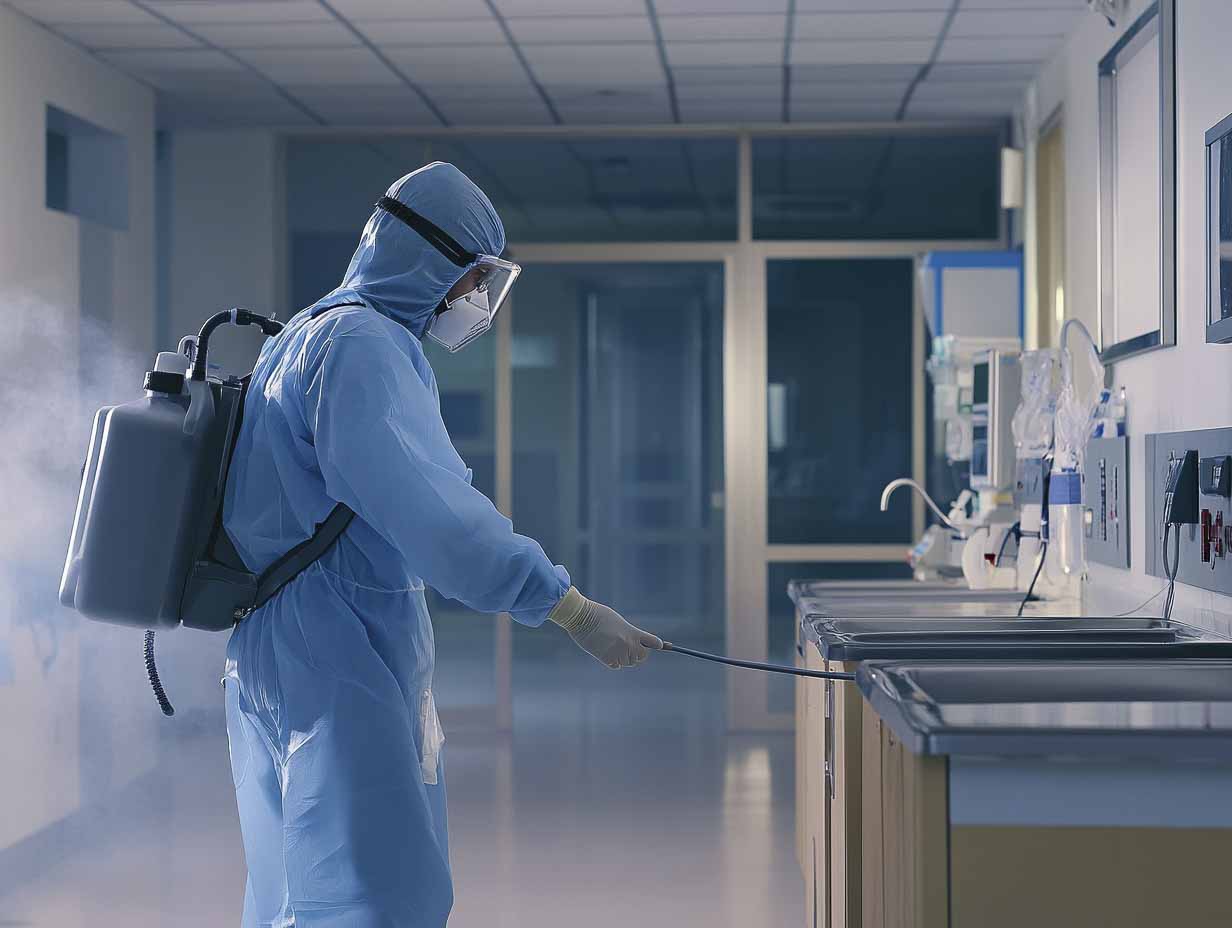 a Hospital and Healthcare Facility Disinfection professional performing his duties. 4k, realistic, image MUST look like it is photographed at 50mm using a f1.4 lens. --ar 4:3 --stylize 0 --v 6.1 Job ID: 48f1a655-9cd7-449c-9f7b-cd105a899cf0