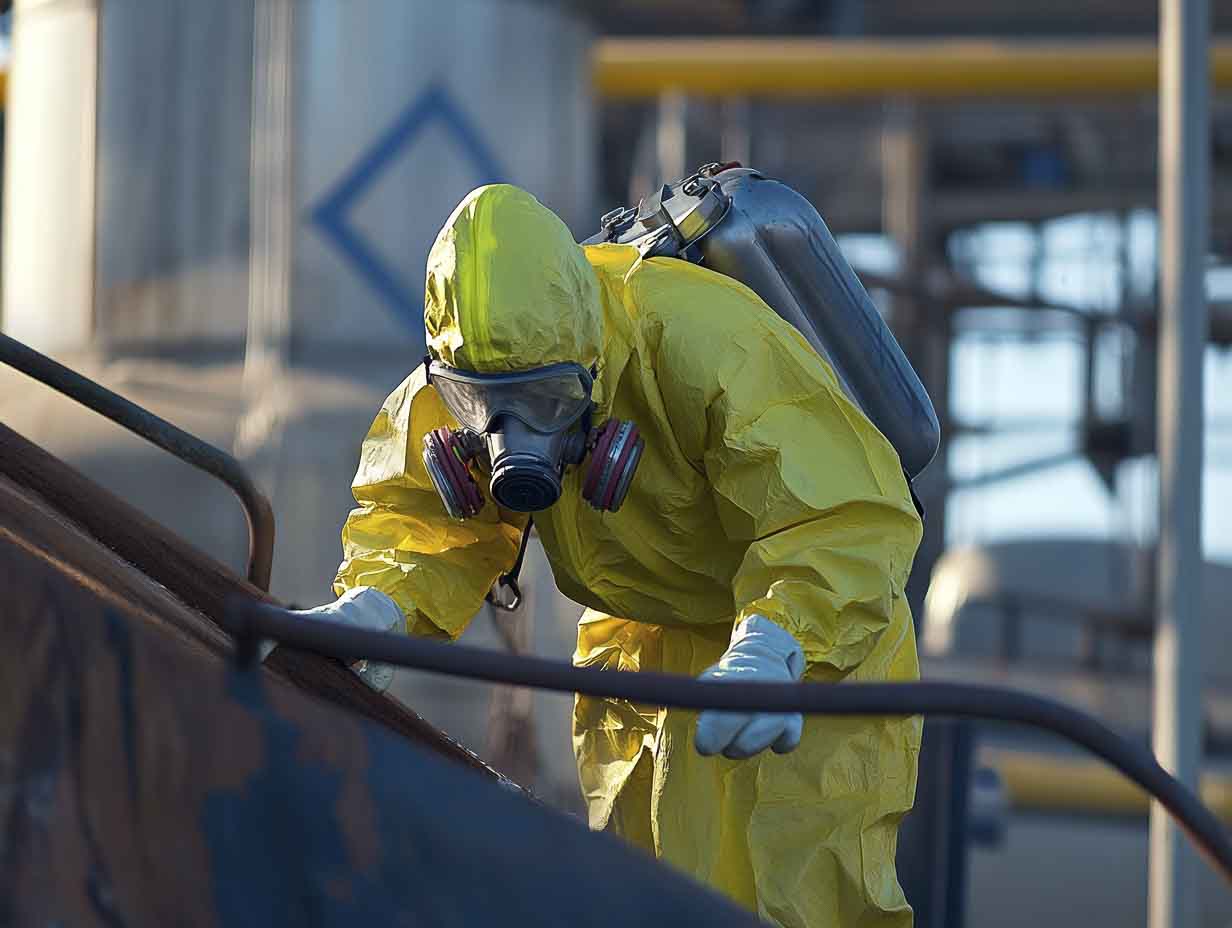 an industrial accident cleanup technician in hazmat gear, performing his duties. the image MUST look like it was photographed at 50mm using an f1.4 lens --ar 4:3 --stylize 0 --v 6.1 Job ID: 99124a41-7a6b-47d7-b485-4e1a74277ecf