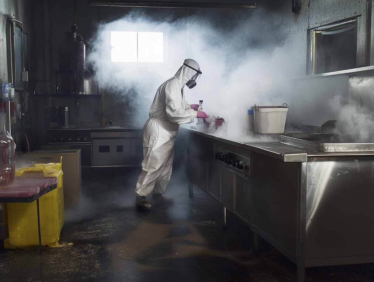 a meth lab decontamination technicia performing decontamination duties. the image must look like it was photographed using a 24mm f1.4 lens --ar 4:3 --stylize 0 --v 6.1 Job ID: f333da95-1bd9-4780-97b3-3ea2f13be8f0