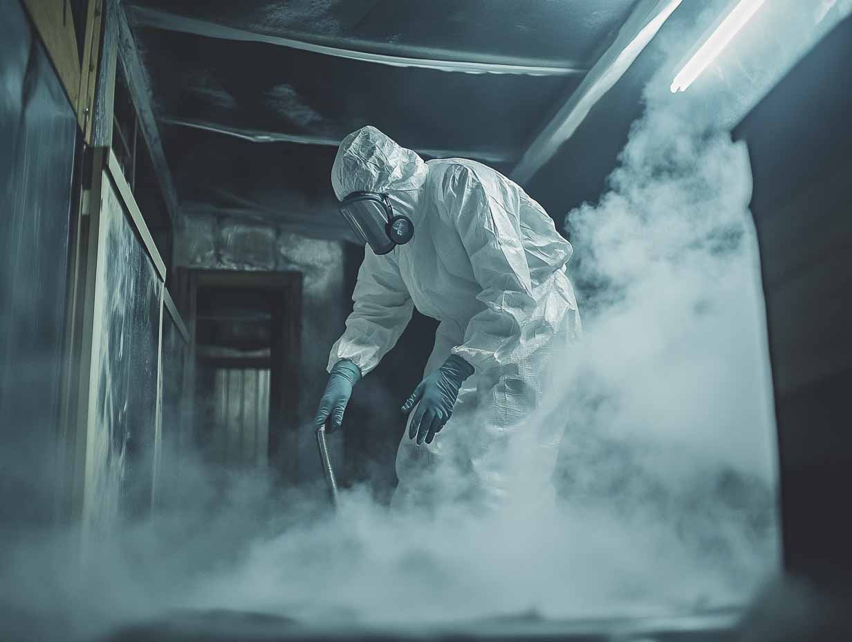 an image of a technician performing mold removal services. the image must look like it is photgraphed using a 24mm f1.4 lens --ar 4:3 --v 6.1 Job ID: 2c0c05ca-01f7-42eb-bbb9-0fad70cf1285