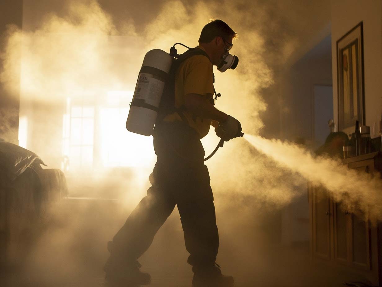 a technician deodorizing a room. the image MUST look like it was photographed at 24mm using a f1.8 lens. --ar 4:3 --style raw --v 6.1 Job ID: 8befbc5c-d2d3-4d8e-a718-86d49f3b3436