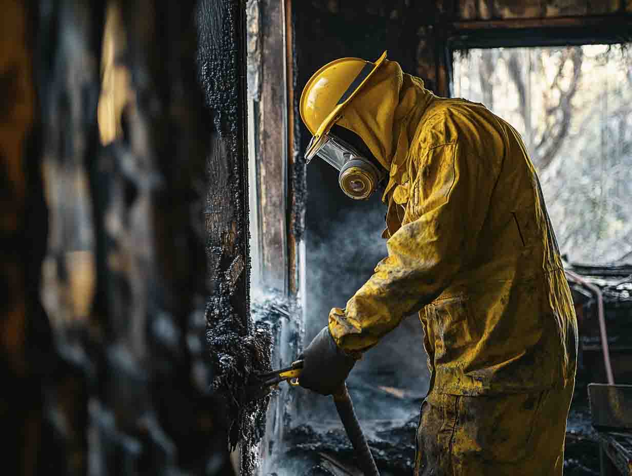 a residential fire restoration specialist performing his duties. the image MUST look like it was photographed at 24mm using a f1.8 lens. --ar 4:3 --style raw --v 6.1 Job ID: 3783d6d8-d46c-4eea-a364-2f2dea0f4afd