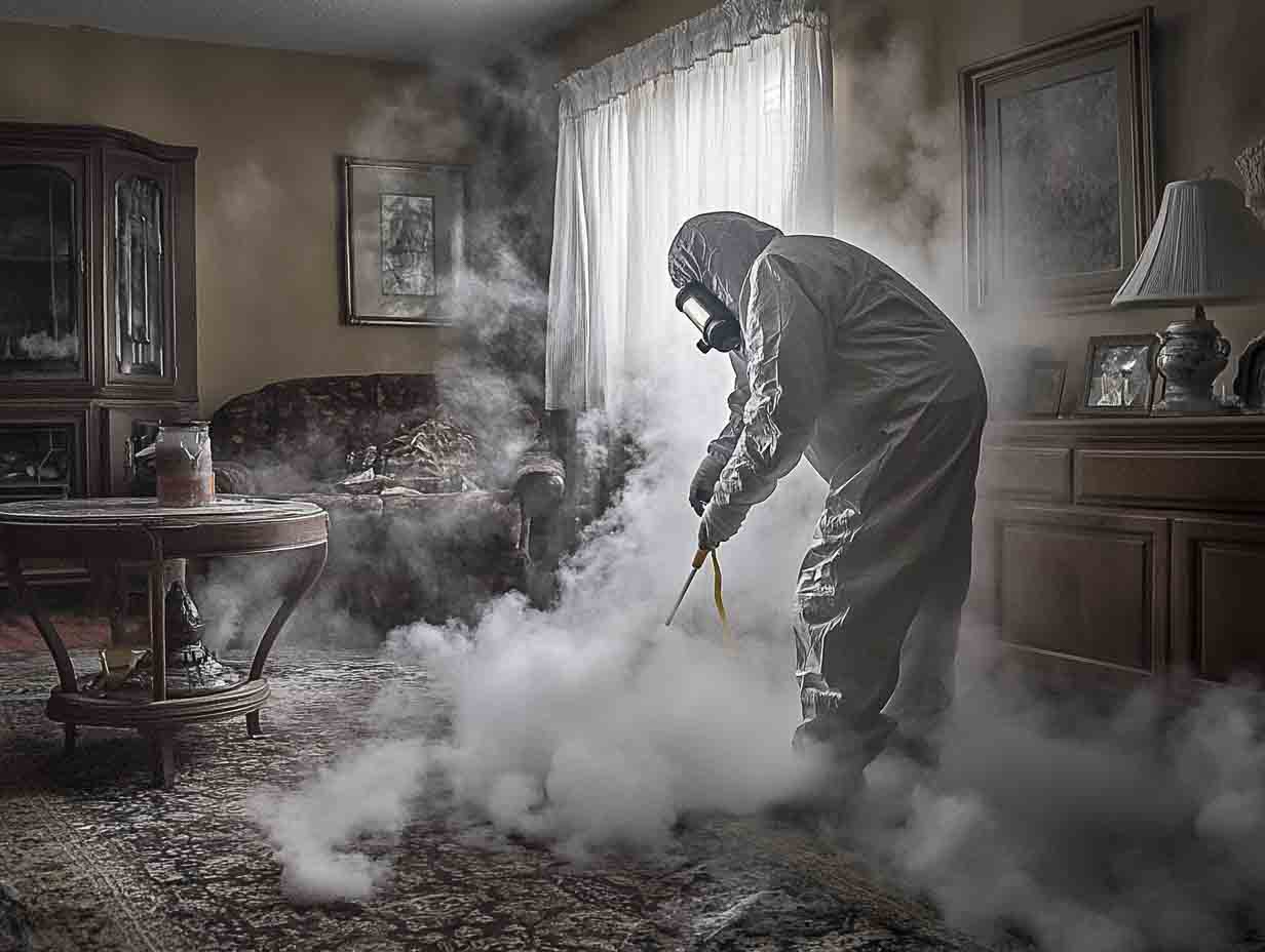 residential mold removal a mold remediation technicia performing mold removal in a living room. the image must look like it is photographed using a 50mm f1.4 lens --ar 4:3 --v 6.1 Job ID: 2a79a8e9-7ed0-499f-84d8-c5ca5233519a