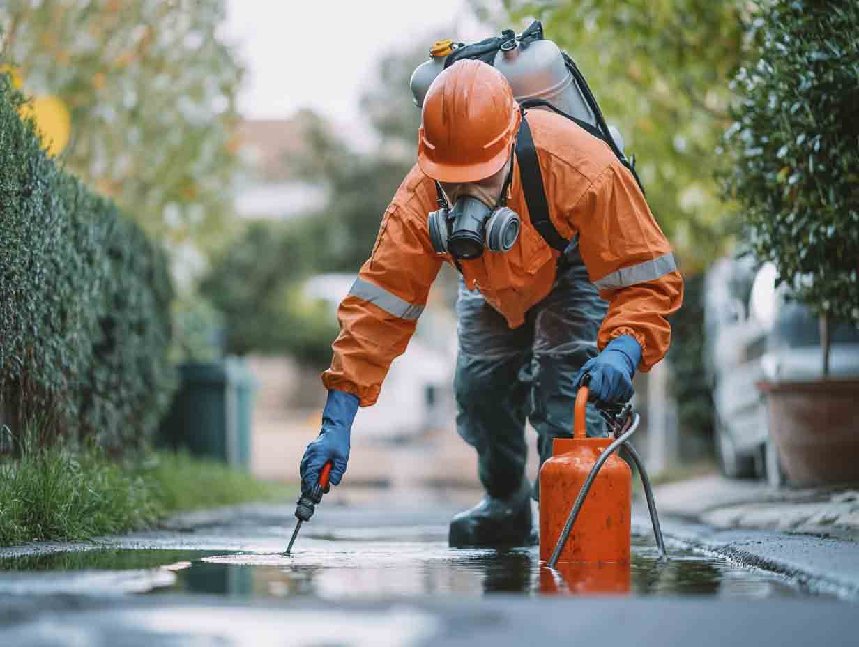a technician performing sewage backup cleaning. the image MUST look like it was photographed at 24mm using a f1.4 lens. --ar 4:3 --style raw --v 6.1 Job ID: 76eaef34-3528-4213-94ab-b866c87a0238