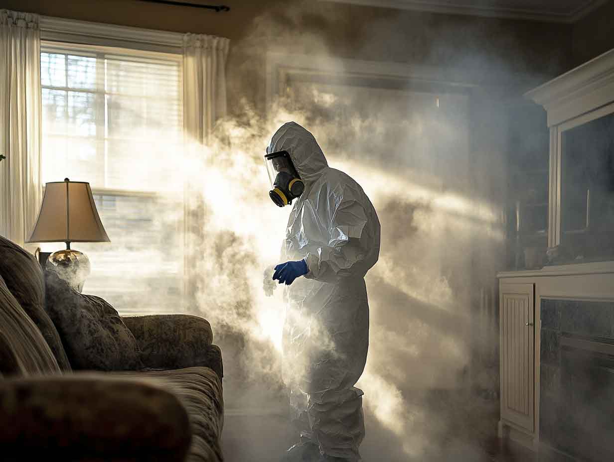 a person in a boiler suit and respirator performing smoke and soot cleanup in a livingroom. the image MUST look like it was photographed at 24mm using a f1.8 lens. --ar 4:3 --style raw --v 6.1 Job ID: fd19835e-9b79-44ad-a4b7-db5875d52847