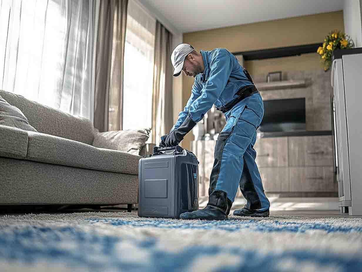 a structural drying and dehumidification professional performing his duties in a livingroom. the image MUST look like it is photographed at 24mm. --ar 4:3 --style raw --v 6.1 Job ID: f8ed21a5-4749-458f-985c-e176a68a897b