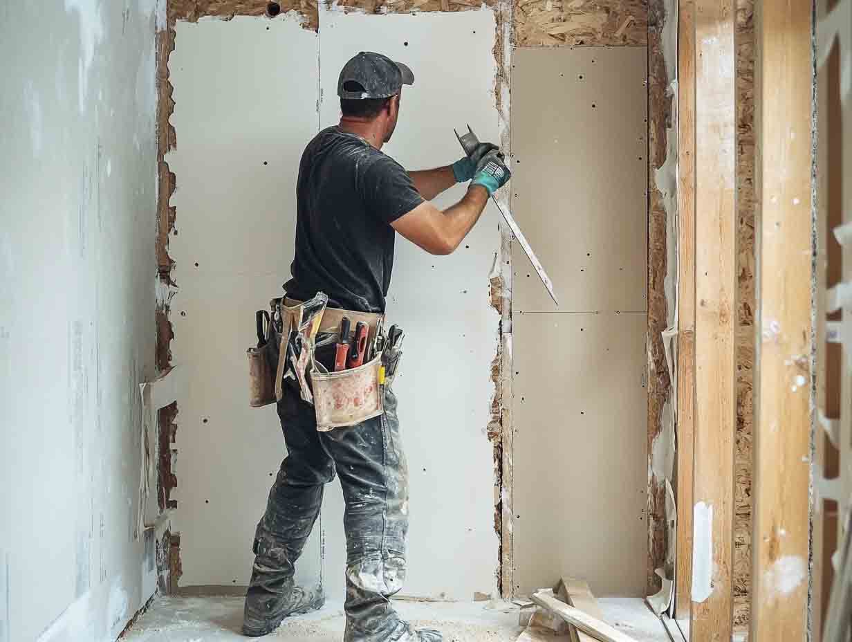a carpenter replacing wood wall supports and drywall. the image MUST look like it was photographed at 24mm using a f1.8 lens. --ar 4:3 --style raw --v 6.1 Job ID: db368585-3136-49e7-b0c7-aeae8992ba6c