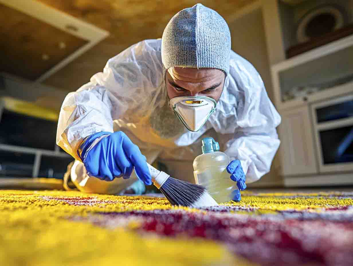 a trauma and crime scene cleanup technician cleaning a stained carpet using a scrub brush and spray bottle. the image MUST look like it was photographed at 24mm using a f1.4 lens. --ar 4:3 --style raw --v 6.1 Job ID: 0ac048c0-800c-4889-9643-5feeaa22fe06
