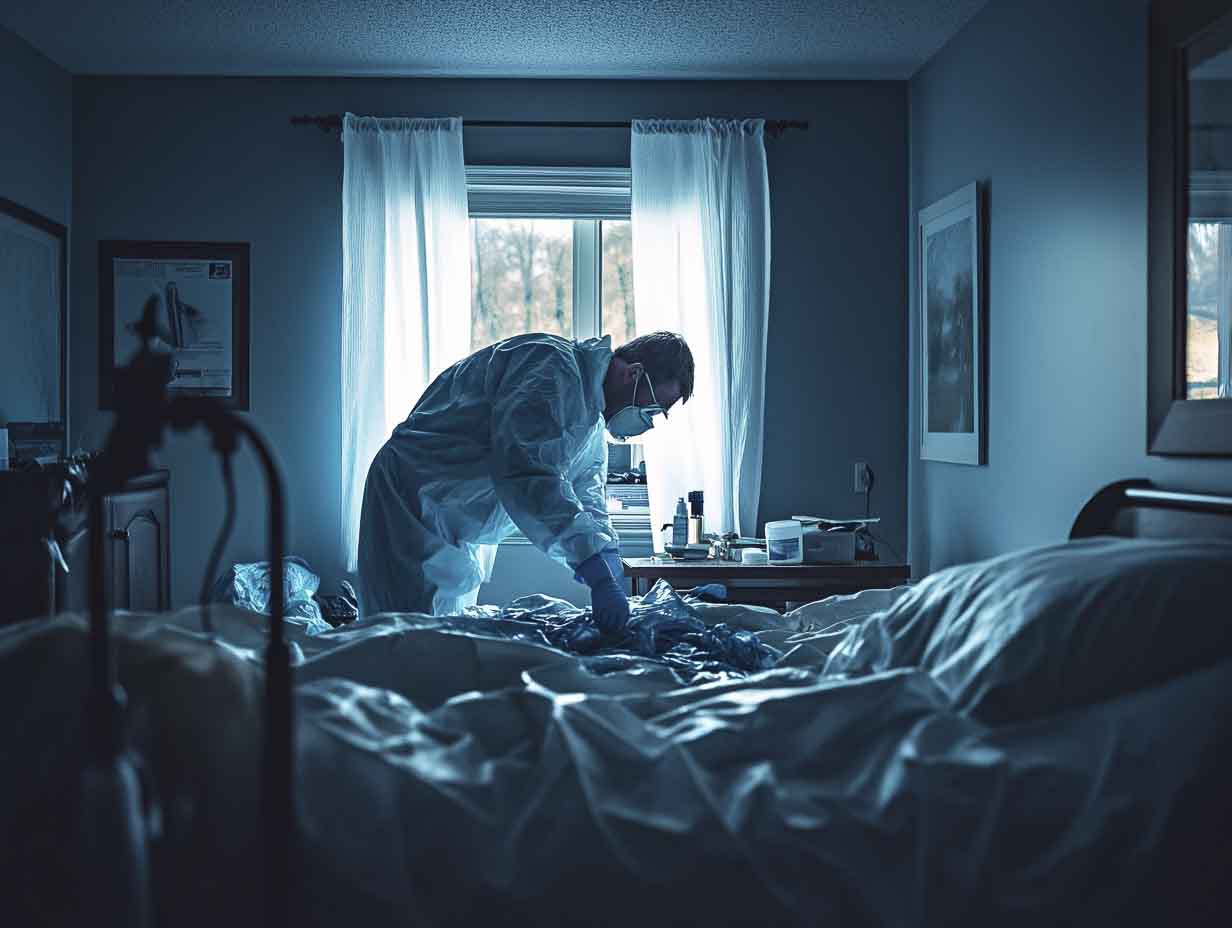 unattended death cleanup a trauma and crime scene cleanup technician performing his duties in a bedroom. the image MUST look like it was photographed at 24mm using a f1.4 lens. --ar 4:3 --style raw --v 6.1 Job ID: 867cebb1-cddc-41cd-b629-4c6fc2f83108