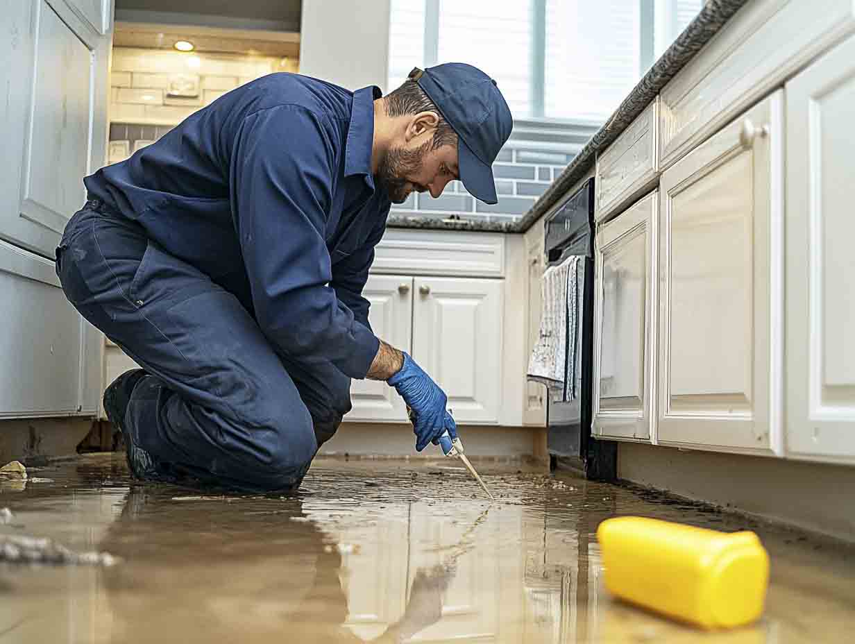 a water damage services professional performing an inspection of a water damaged kitchen. the image MUST look like it is photographed at 35mm lens. --ar 4:3 --style raw --v 6.1 Job ID: 9984a582-702f-4af7-8f4d-9e9c0bb6c93c